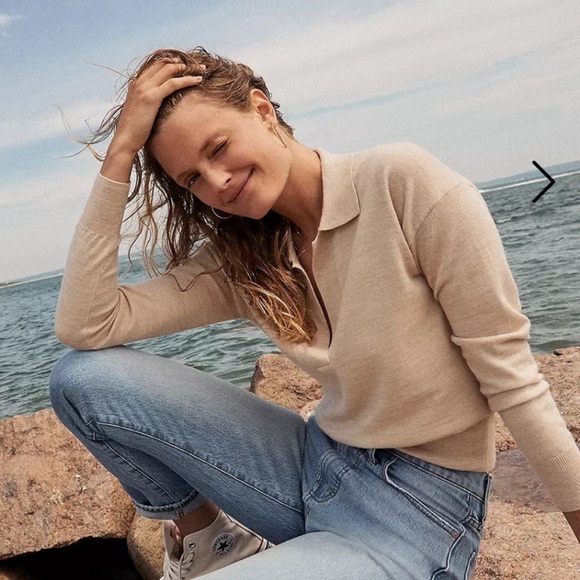 Madewell Merino Wool Polo Sweater Oatmeal Creamy Beige Size Large - Picture 2 of 12